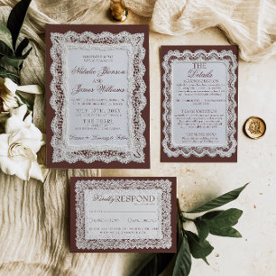 Fancy Schokoladenbraun Spitze Old Money Hochzeit  Einladung