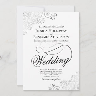 Fancy Schrift mit Flourish Silber & Weiße Hochzeit Einladung