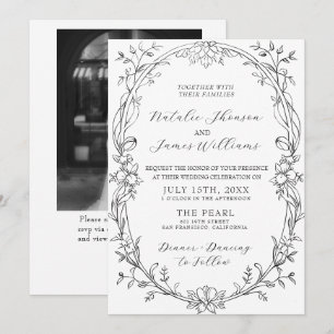 Fancy-Schwarz-Weiß-Blumen-Foto-QR-Code-Hochzeit Einladung