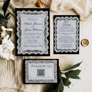 Fancy Schwarz-Weiß-Spitze Old Money Hochzeit Einladung