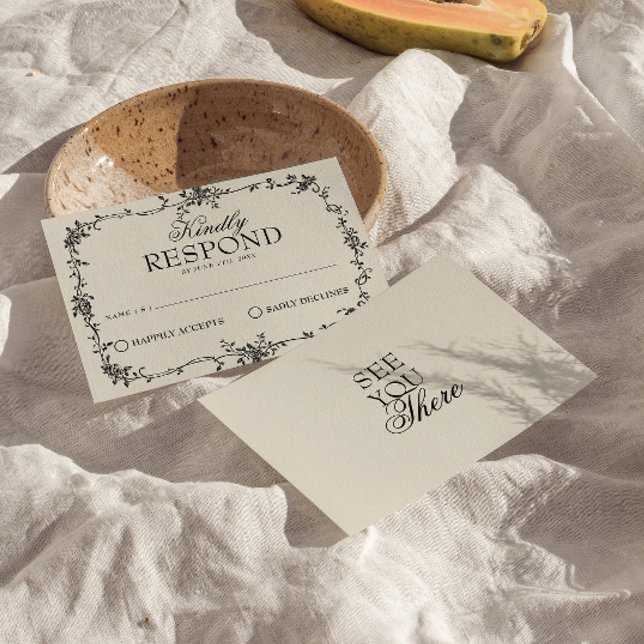 Fancy Schwarze Creme Blumen Boho Hochzeit RSVP Karte (Von Creator hochgeladen)