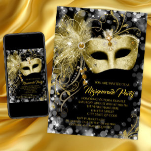 Fancy Schwarze Gold Glitter Maskenparty Einladung