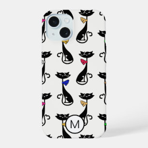 Fancy schwarze Katzen skurrile Muster Monogramm iPhone 15 Hülle