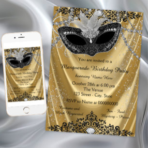 Fancy Schwarze und Goldene Maskenparty Einladung