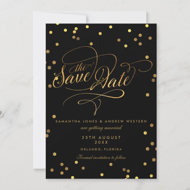 Fancy Script Gold Konfetti Hochzeit Save The Date (Vorderseite)