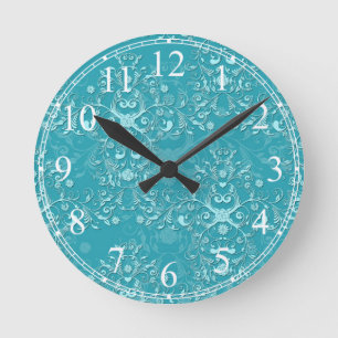 Fancy Teal Floral Damask Pattern Runde Wanduhr