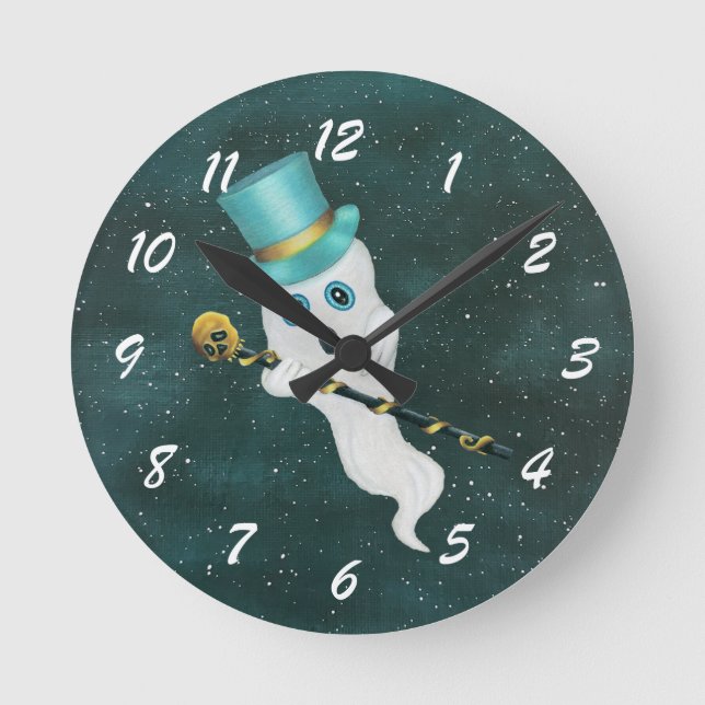 Fancy White Ghost Blue Top Hat Night Sky Cane Runde Wanduhr (Vorderseite)