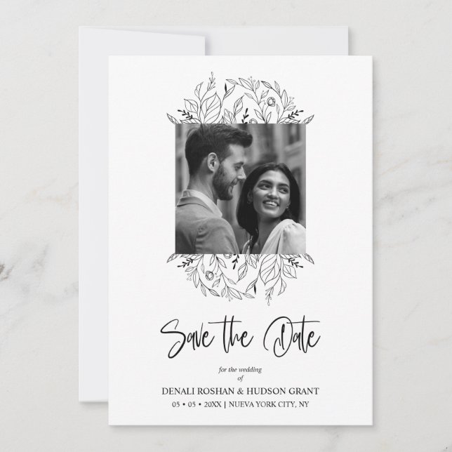 Fancy Wildflowers Black & White Photo Wedding Save The Date (Vorderseite)