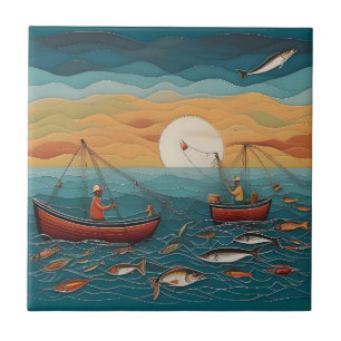 Fang des Tages der Fischerei Folk Art, Fliese