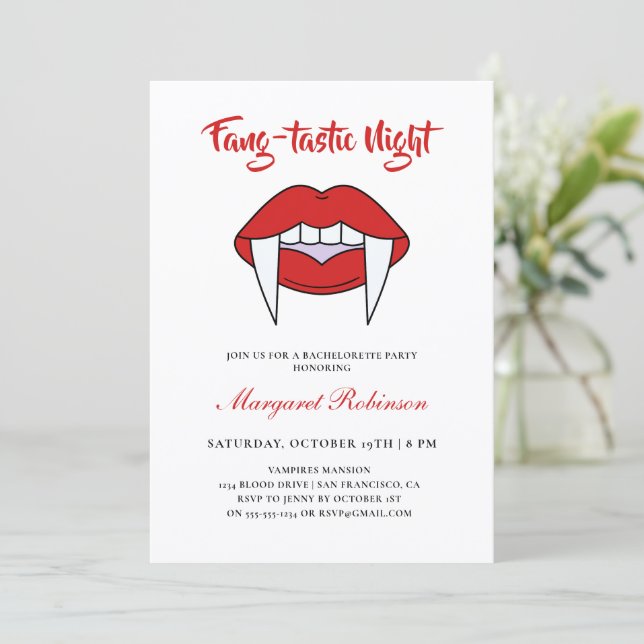 Fang-tastic Night Vampire Theme Junggeselinnen-Abs Einladung (Stehend Vorderseite)