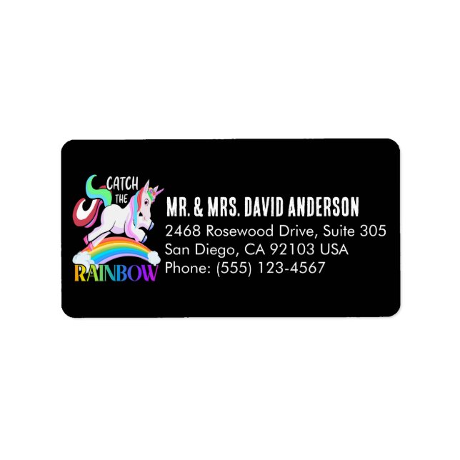 Fange das Regenbogen-Einhorn-Design Adressaufkleber (Vorne)