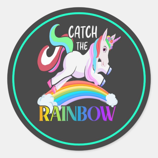 Fange das Regenbogen-Einhorn-Design Runder Aufkleber (Vorderseite)