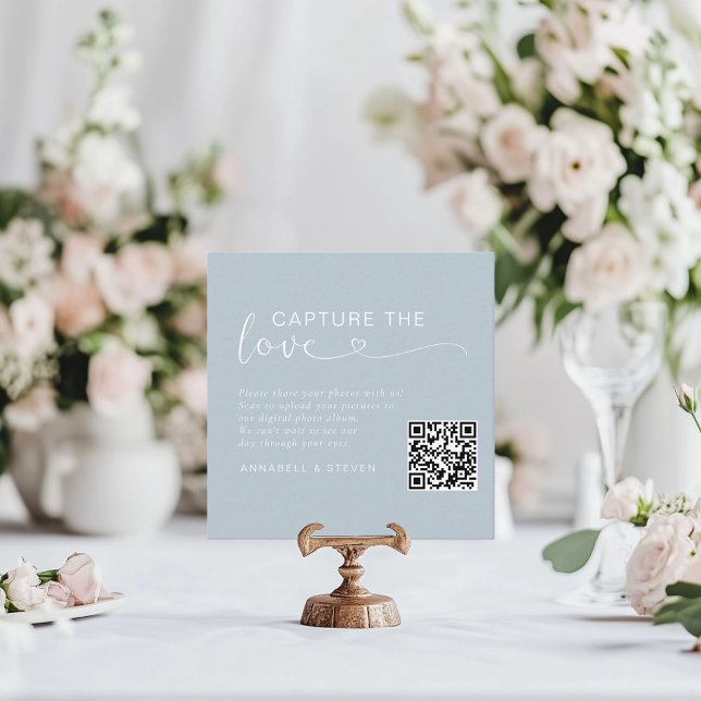 Fangen Sie die Liebe ein! Custom QR-Code Wedding Begleitkarte (Capture the love! Photo, QR-Code, Wedding Table Card, Powder-Blue.)
