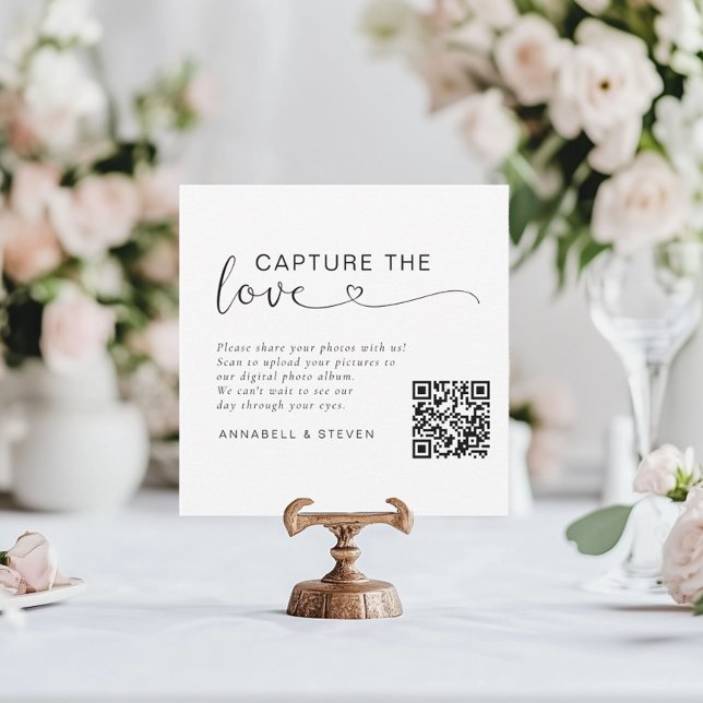 Fangen Sie die Liebe ein! Custom QR-Code Wedding Begleitkarte (Capture the love! Photo, QR-Code, Wedding Table Card, White.)