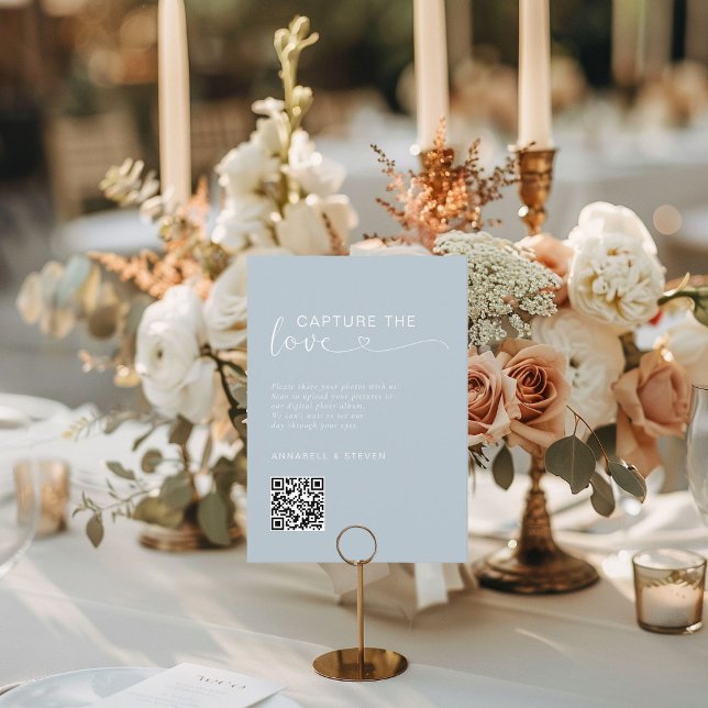 Fangen Sie die Liebe ein! Foto, Herz-QR-Code, Hoch Begleitkarte (Capture the love! Photo, Heart-QR-Code, Powder-Blue, Wedding Enclosure Card)
