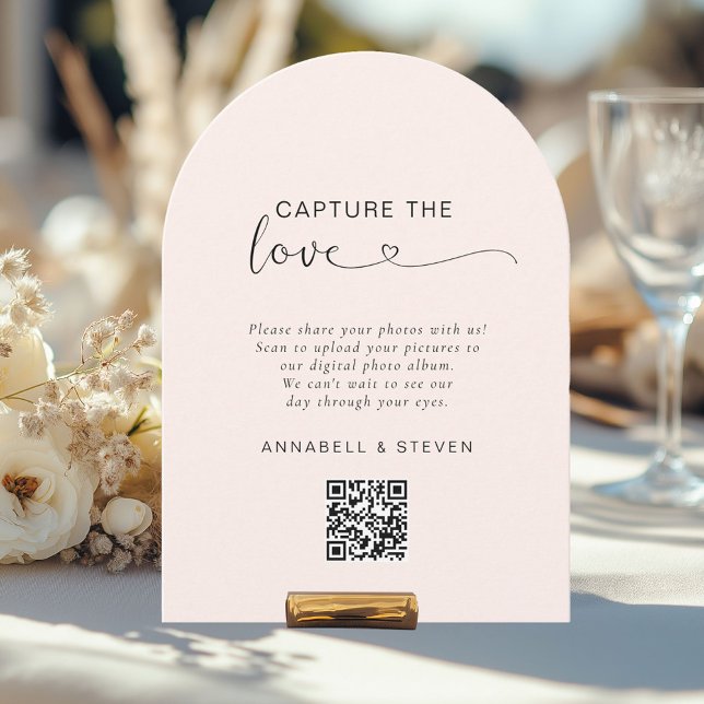 Fangen Sie die Liebe ein! Foto, Herz-QR-Code, Hoch Einladung (Capture the love! Photo, Heart-QR-Code, Wedding Card, Blush-Beige.)