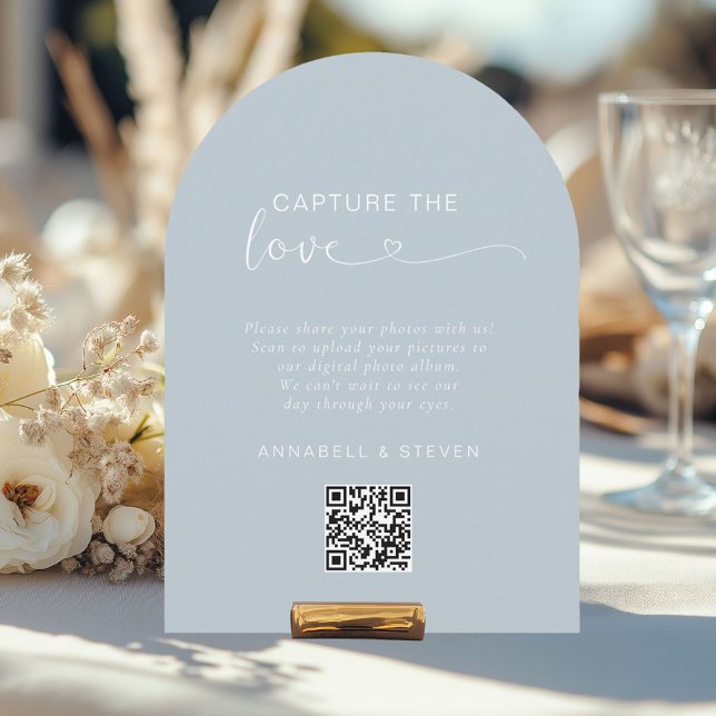 Fangen Sie die Liebe ein! Foto, Herz-QR-Code, Hoch Einladung (Capture the love! Photo, Heart-QR-Code, Wedding Table Card, Powder Blue.)