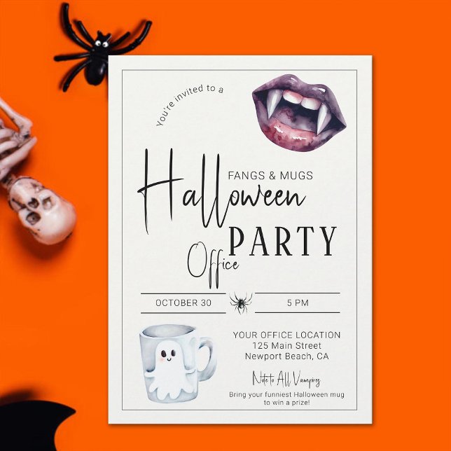 Fangs und Tasse Halloween Office Party Fun Team Einladung (halloween office party invitation fangs and mugs funny fun simple corporate business classy modern)