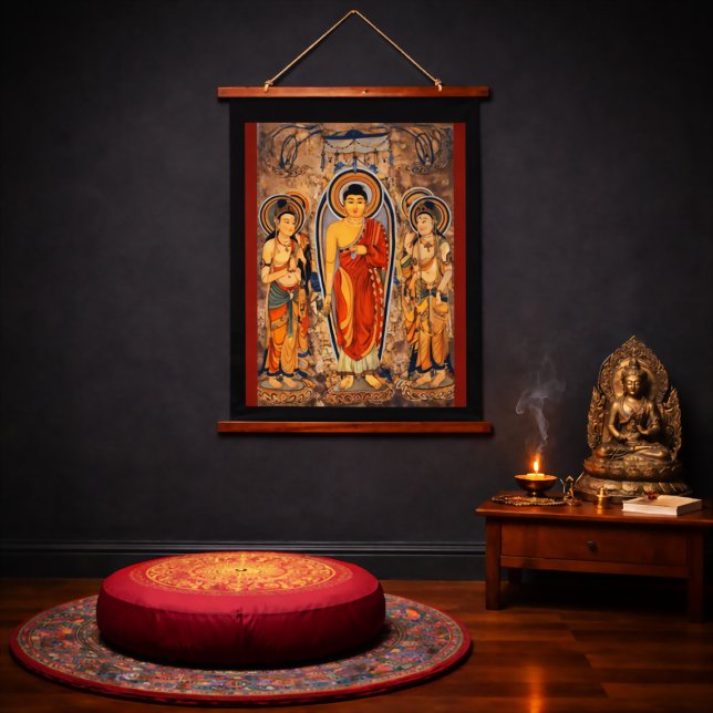 Fanhe Buddha Tang Dynasty Dunhuang Silk Road Wandteppich Mit Holzrahmen (Fanhe Standing Buddha  shown in meditation space, Traditional Buddhist art for modern lifestyles)
