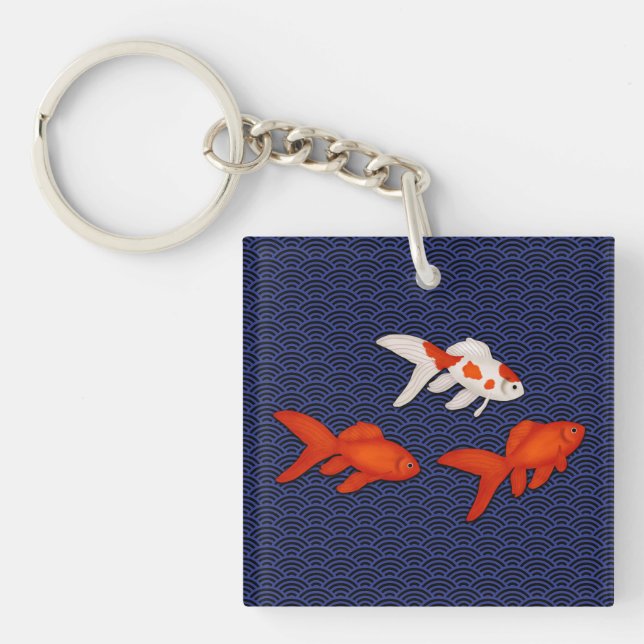 Fantail Goldfish über Seigaiha Wave Pattern Japani Schlüsselanhänger (Vorderseite)
