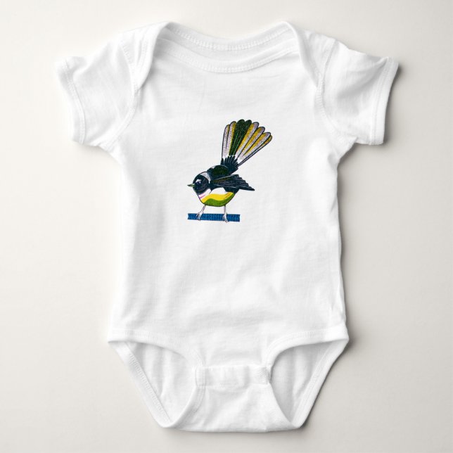 Fantail Retro NZ Vogelprint Baby Strampler (Vorderseite)