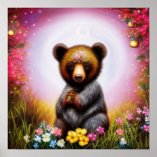 Fantasie-Bärenjunges und Blumen Poster