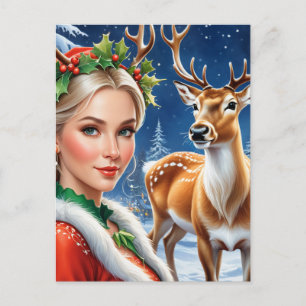 Fantasie-Blondine und Weihnachtshirsch Postkarte