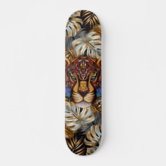 Fantasie Boho Dschungel Tiger Kopf Mixed Media  Skateboard (Vorne)