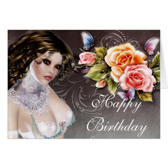 Fantasie Brünett mit Rose Geburtstagskarte 1 (Vorderseite (Horizontal))