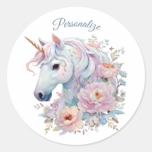 Fantasie-Einhorn mit pastellfarbenen Blumenakzente Runder Aufkleber