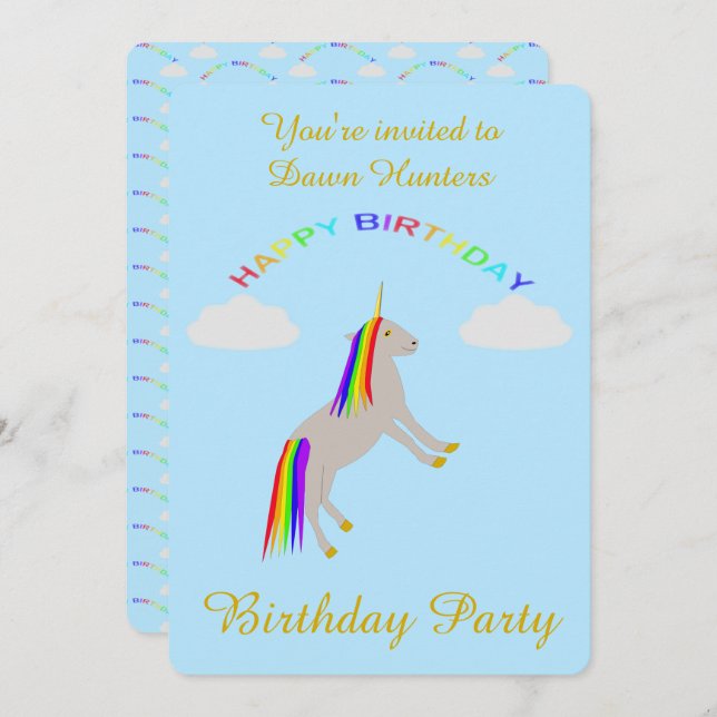 Fantasie Geburtstag Einhorn Regenbogen und Wolken  Einladung (Vorne/Hinten)