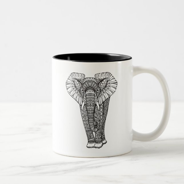 Fantasie-gemustertes Elefant-Gekritzel Zweifarbige Tasse (Rechts)