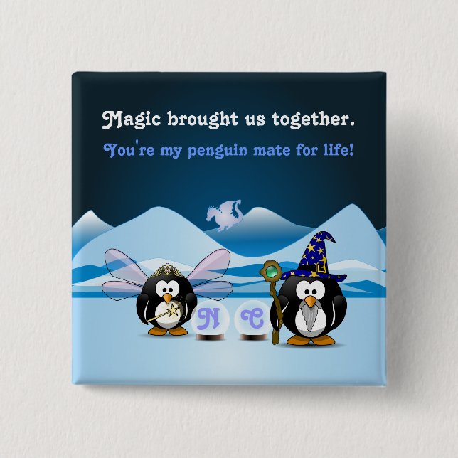 Fantasie-Gletscher-Pinguin-Zauberer-feenhafter Button (Vorderseite)