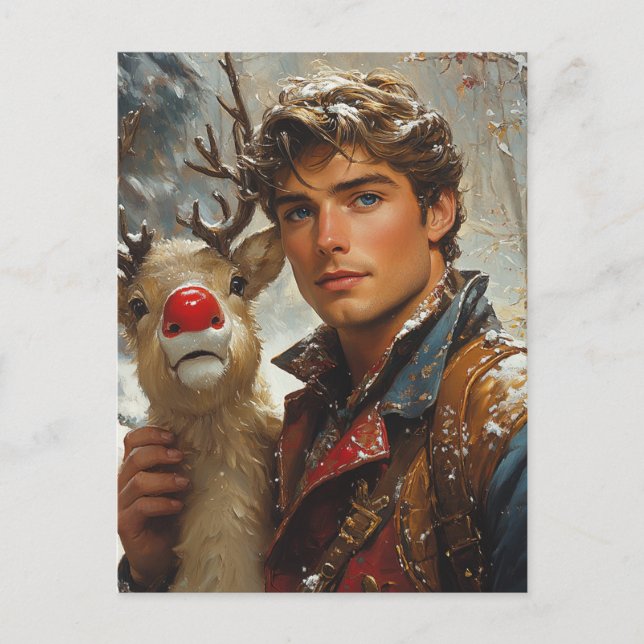Fantasie Handsome Mann und Rentier Weihnachten Postkarte (Vorderseite)