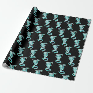Fantasie Himmelblauer Drache Schwarzer Hintergrund Geschenkpapier