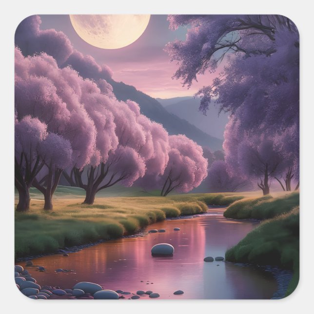 Fantasie-Illustration einer mondbeschienenen Fluss Quadratischer Aufkleber (Vorderseite)