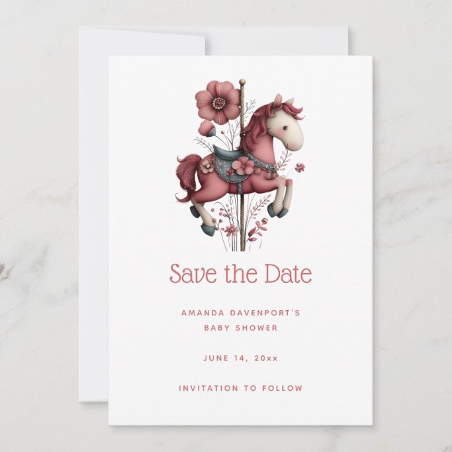 Fantasie Karussellpferd Bild Baby Shower Save The Date (Vorderseite)