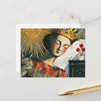 Fantasie-Königin und ihre Katze im Bett Postkarte