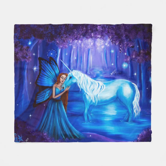 Fantasie-Kunst-Fee und Unicorn-Fleece-Decke Fleecedecke (Vorderseite (Horizontal))
