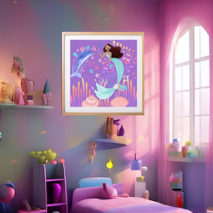 Fantasie Meerjungfrau lila rosa blau Delfin Ozean  Poster