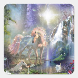 Fantasie Mutter Unicorn und Baby Quadratischer Aufkleber