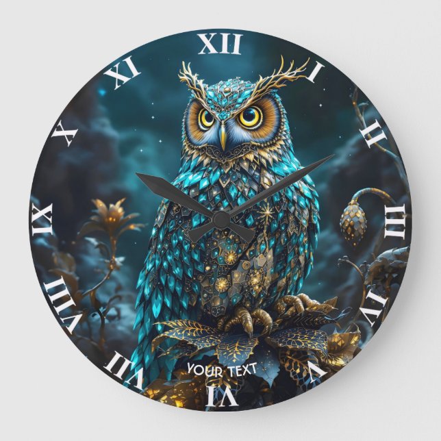 Fantasie Niedlich Brass Türkis Owl Große Wanduhr (Vorderseite)