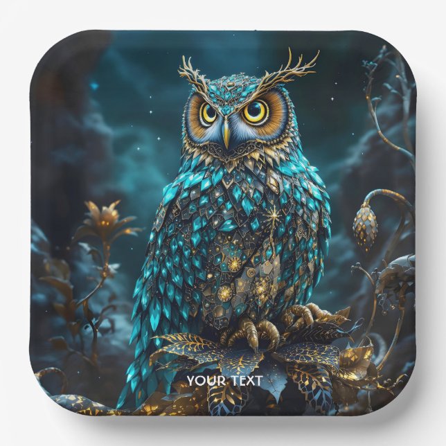 Fantasie Niedlich Brass Türkis Owl Pappteller (Vorderseite)