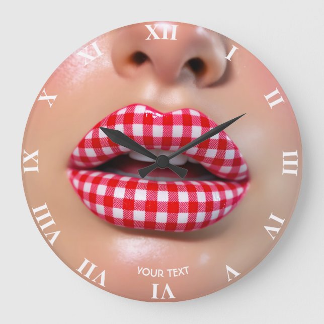 Fantasie Niedlich Checkered Red Lips Große Wanduhr (Vorderseite)