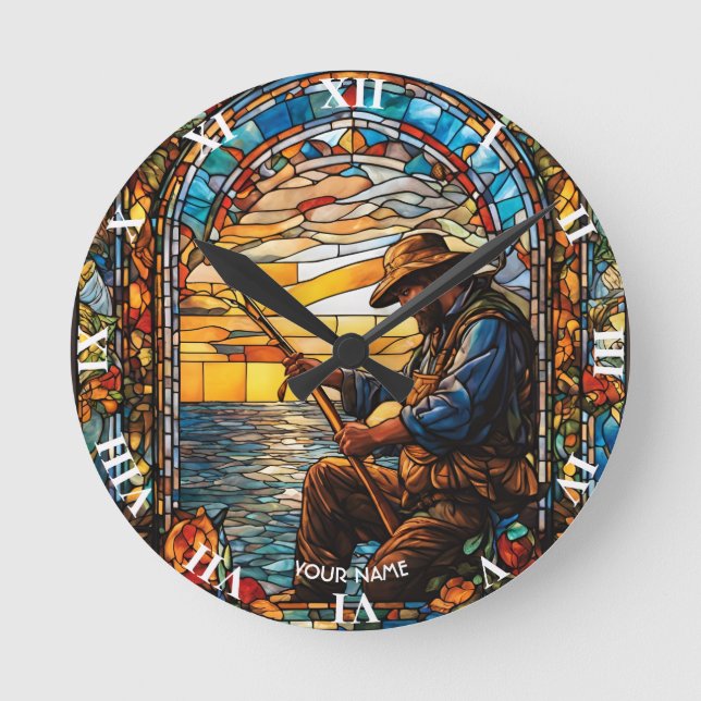 Fantasie Niedlich verkettet Glass Fisherman Fische Runde Wanduhr (Vorderseite)