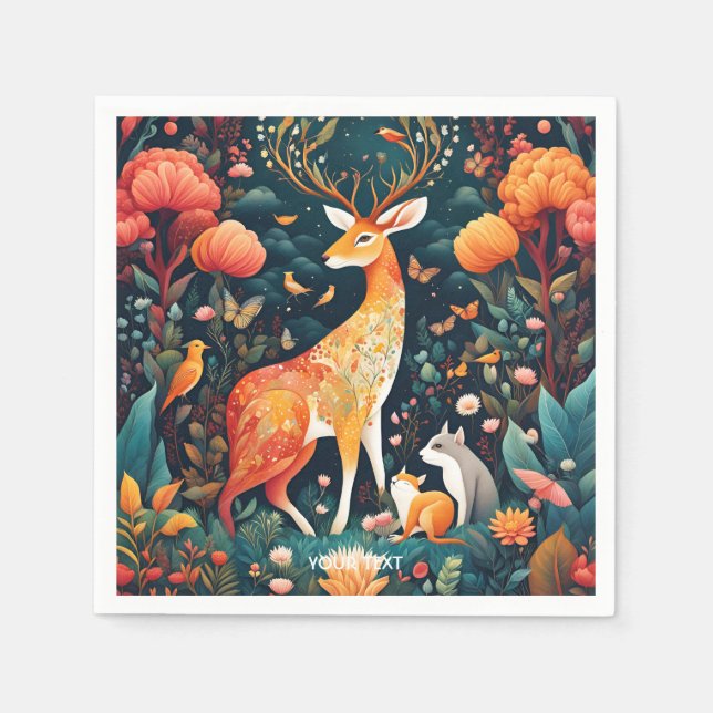 Fantasie Niedliche lebende Blume Wald Hirsch Serviette (Vorderseite)