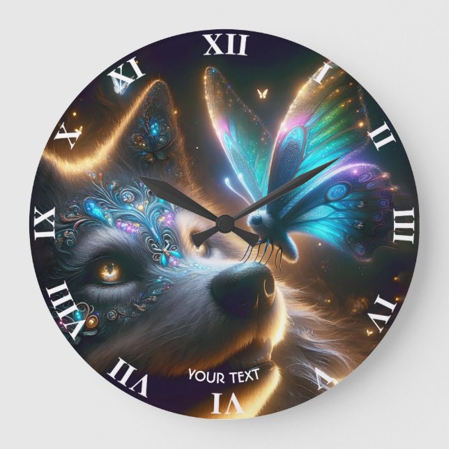 Fantasie Niedlicher Wolf Butterfly Space Große Wanduhr (Vorderseite)