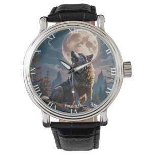 Fantasie Niedlicher Wolf heult auf den Mond Armbanduhr
