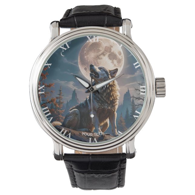 Fantasie Niedlicher Wolf heult auf den Mond Armbanduhr (Vorderseite)