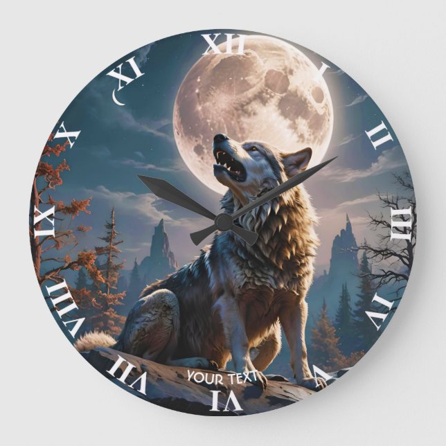 Fantasie Niedlicher Wolf heult auf den Mond Große Wanduhr (Vorderseite)